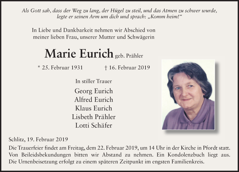  Traueranzeige für Marie Eurich vom 19.02.2019 aus FZ