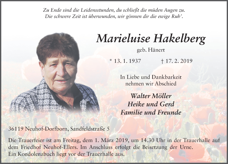  Traueranzeige für Marieluise Hakelberg vom 25.02.2019 aus 