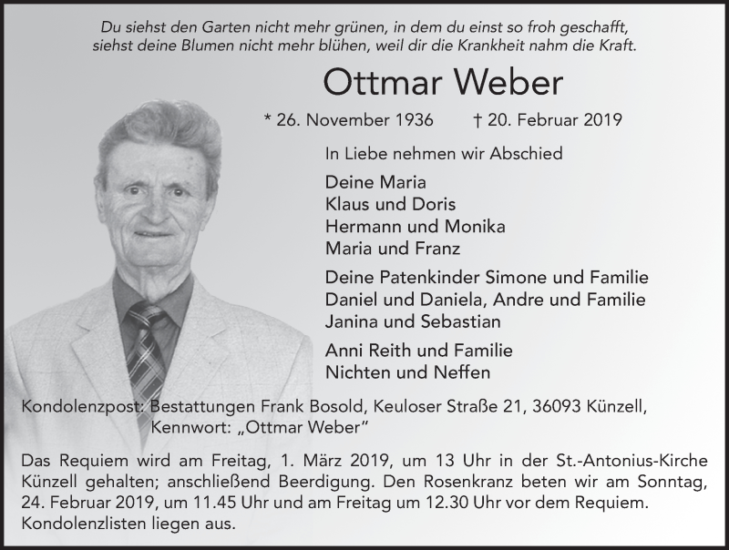 Traueranzeige für Ottmar Weber vom 23.02.2019 aus FZ