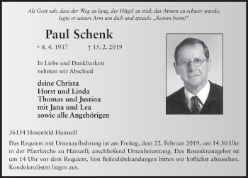 Traueranzeige von Paul Schenk von FZ