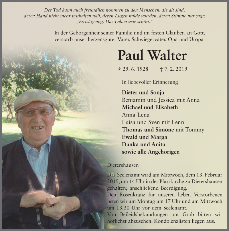  Traueranzeige für Paul Walter vom 09.02.2019 aus FZ
