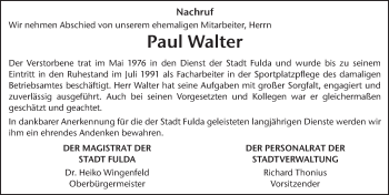 Traueranzeige von Paul Walter von FZ