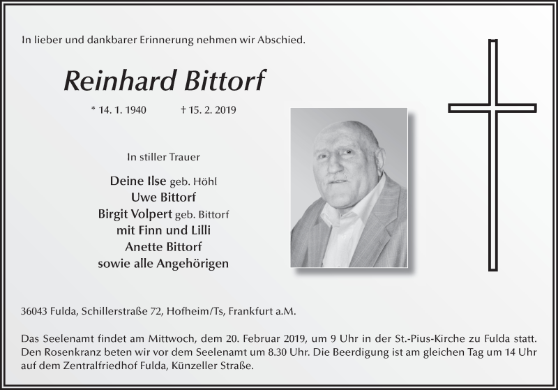  Traueranzeige für Reinhard Bittorf vom 19.02.2019 aus FZ