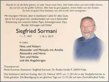 Traueranzeige von Siegfried Sormani von FZ