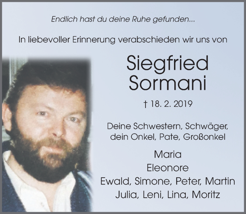  Traueranzeige für Siegfried Sormani vom 21.02.2019 aus FZ