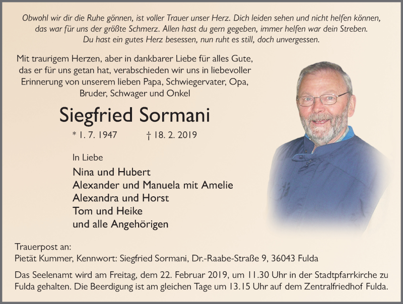  Traueranzeige für Siegfried Sormani vom 20.02.2019 aus FZ