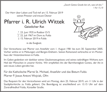Traueranzeige von Ulrich Wittek von FZ