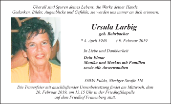 Traueranzeige von Ursula Larbig von FZ