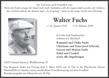 Traueranzeige von Walter Fuchs 