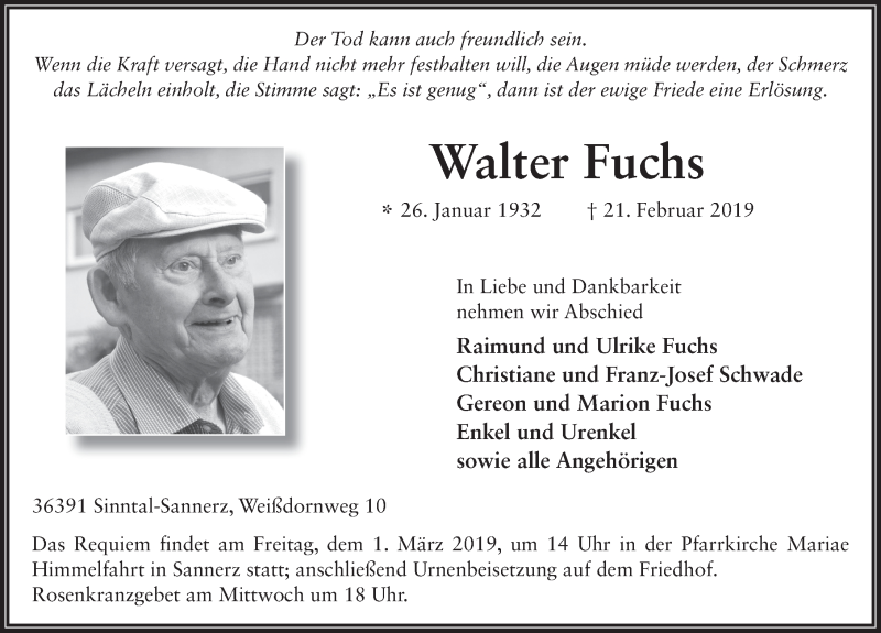 Traueranzeige für Walter Fuchs vom 26.02.2019 aus 