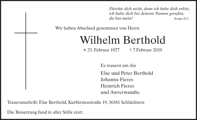  Traueranzeige für Wilhelm Berthold vom 16.02.2019 aus FZ