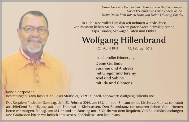  Traueranzeige für Wolfgang Hillenbrand vom 21.02.2019 aus FZ