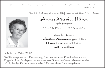 Traueranzeige von Anna Maria Hühn von FZ
