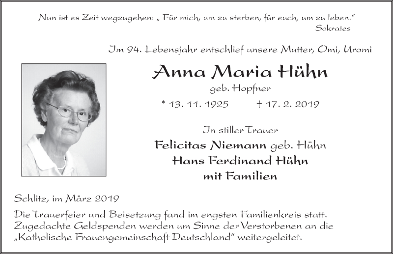  Traueranzeige für Anna Maria Hühn vom 11.03.2019 aus FZ
