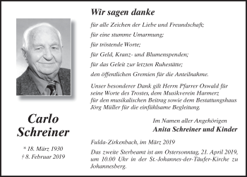 Traueranzeige von Carlo Schreiner von FZ