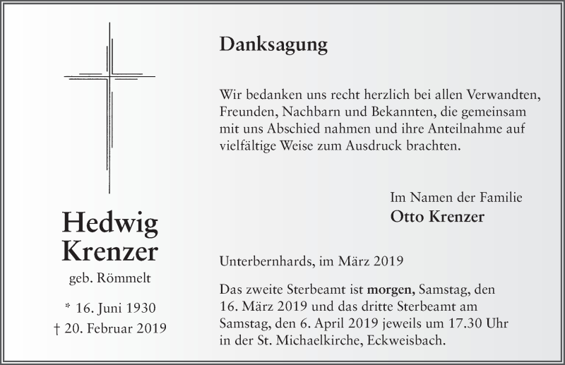  Traueranzeige für Hedwig Krenzer vom 15.03.2019 aus FZ