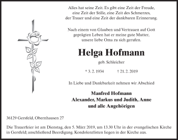 Traueranzeige von Helga Hofmann von FZ