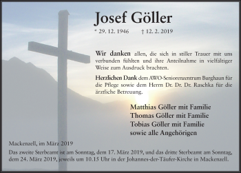Traueranzeige von Josef Göller von FZ
