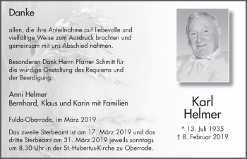 Traueranzeige von Karl Helmer von FZ