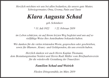Traueranzeige von Klara Augusta Schad von FZ