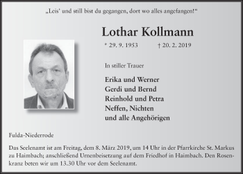 Traueranzeige von Lothar Kollmann 