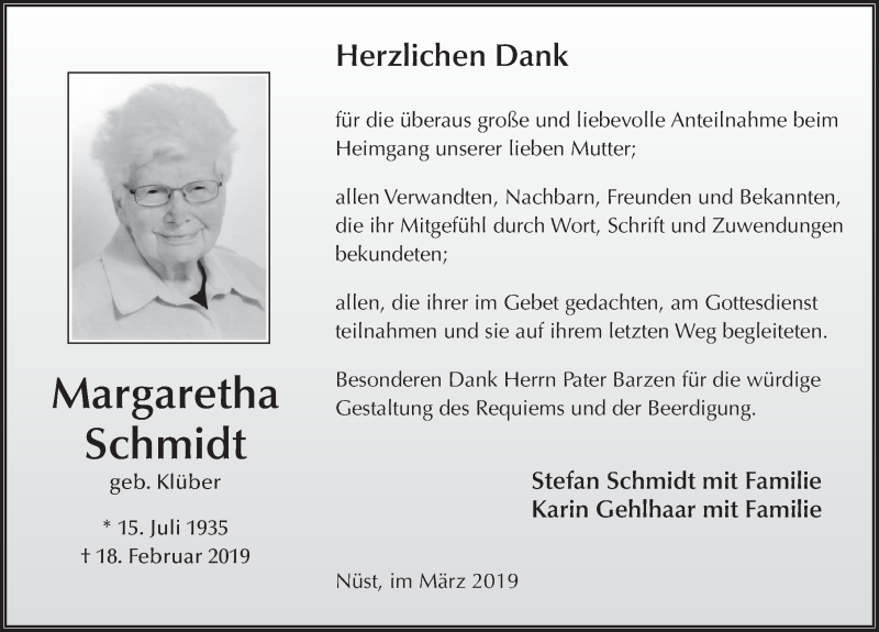  Traueranzeige für Margaretha Schmidt vom 15.03.2019 aus FZ