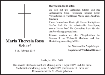 Traueranzeige von Maria Theresia Rosa Scherf von FZ