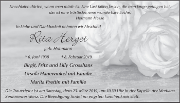 Traueranzeige von Rita Herget von FZ