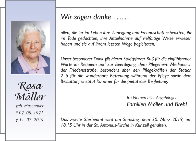  Traueranzeige für Rosa Möller vom 23.03.2019 aus FZ