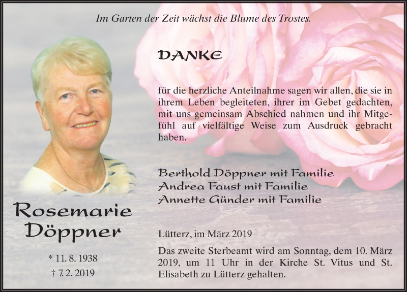  Traueranzeige für Rosemarie Döppner vom 08.03.2019 aus 