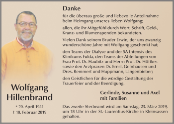 Traueranzeige von Wolfgang Hillenbrand von FZ