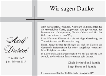 Traueranzeige von Adolf Heinrich Dietrich von FZ