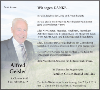 Traueranzeige von Alfred Geisler von FZ