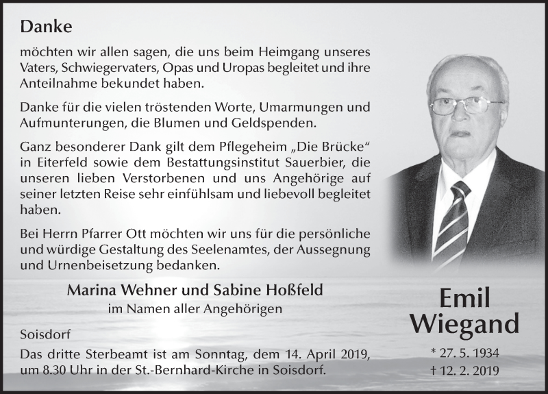  Traueranzeige für Emil Wiegand vom 11.04.2019 aus FZ