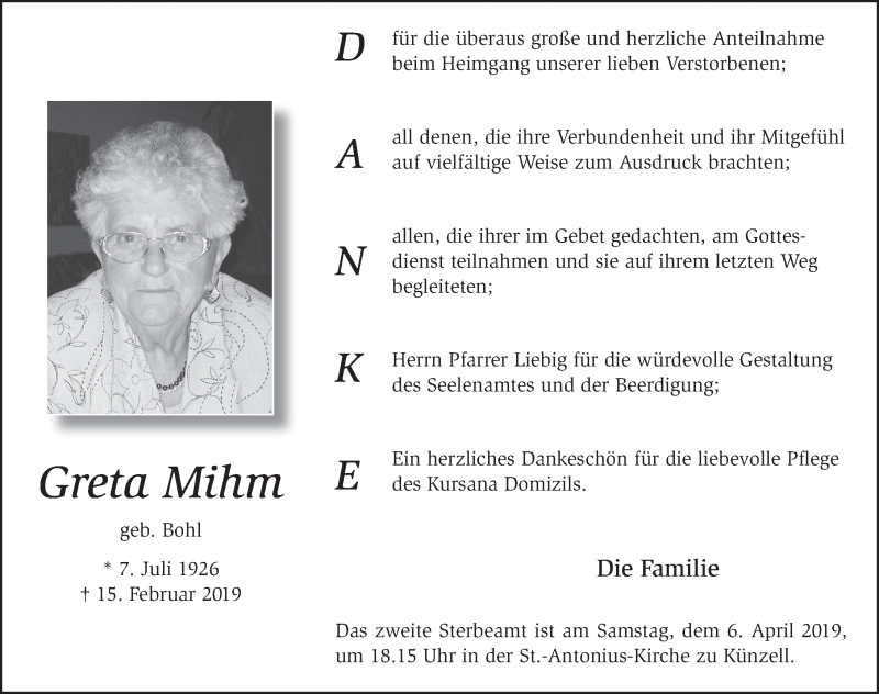  Traueranzeige für Margaretha Mihm vom 03.04.2019 aus FZ