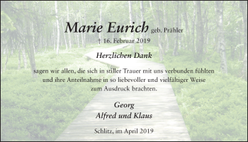 Traueranzeige von Marie Eurich von FZ