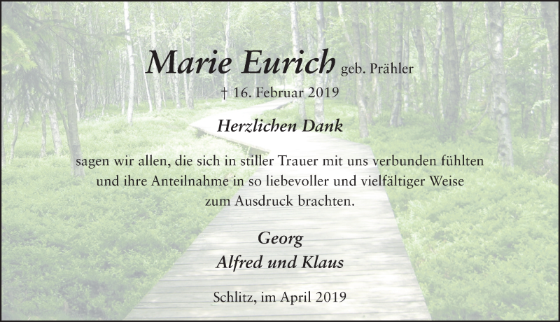  Traueranzeige für Marie Eurich vom 13.04.2019 aus FZ