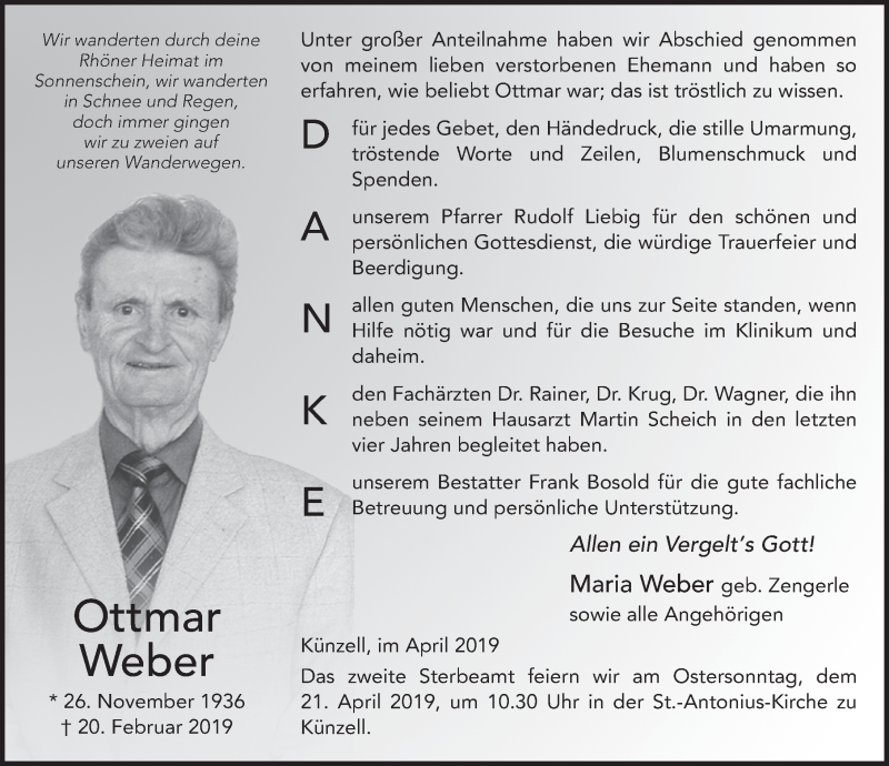  Traueranzeige für Ottmar Weber vom 13.04.2019 aus FZ