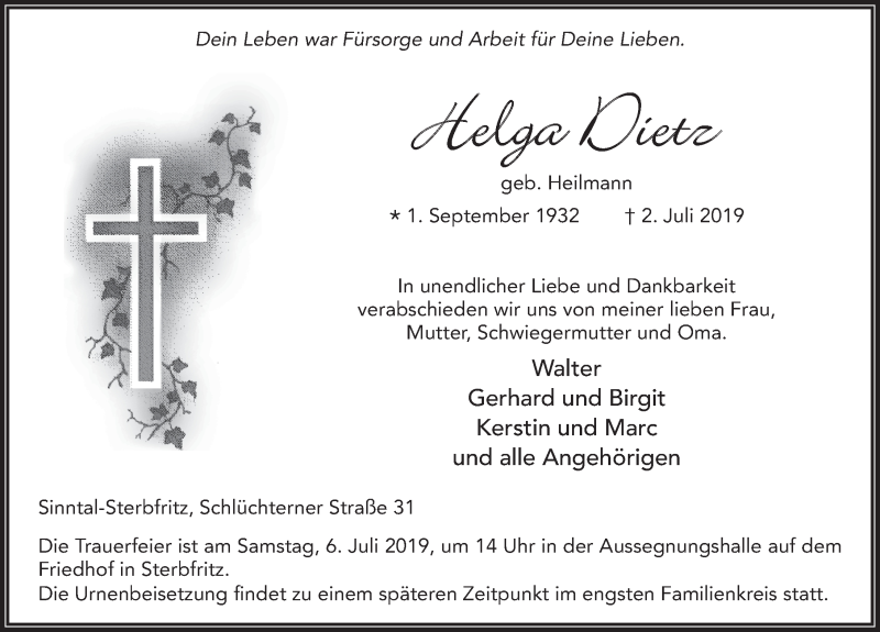  Traueranzeige für Helga Dietz vom 04.07.2019 aus FZ