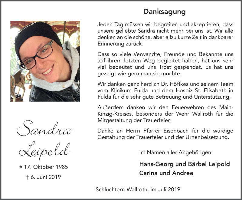  Traueranzeige für Sandra Leipold vom 11.07.2019 aus FZ