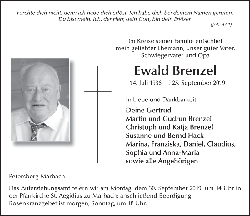  Traueranzeige für Ewald Brenzel vom 28.09.2019 aus FZ