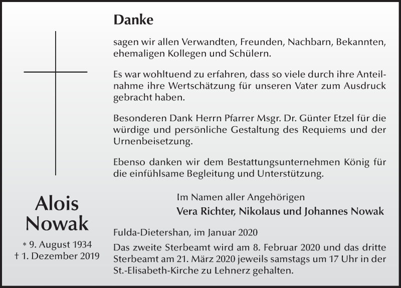  Traueranzeige für Alois Nowak vom 31.01.2020 aus FZ