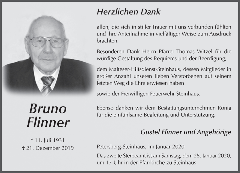  Traueranzeige für Bruno Flinner vom 17.01.2020 aus FZ