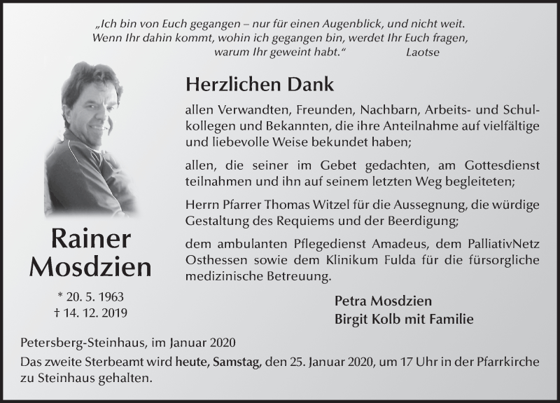  Traueranzeige für Rainer Mosdzien vom 25.01.2020 aus FZ