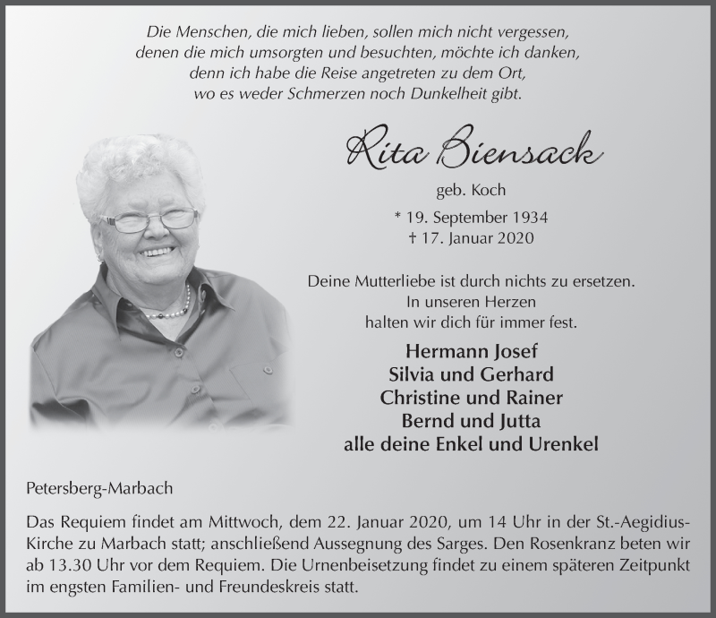  Traueranzeige für Rita Biensack vom 20.01.2020 aus FZ