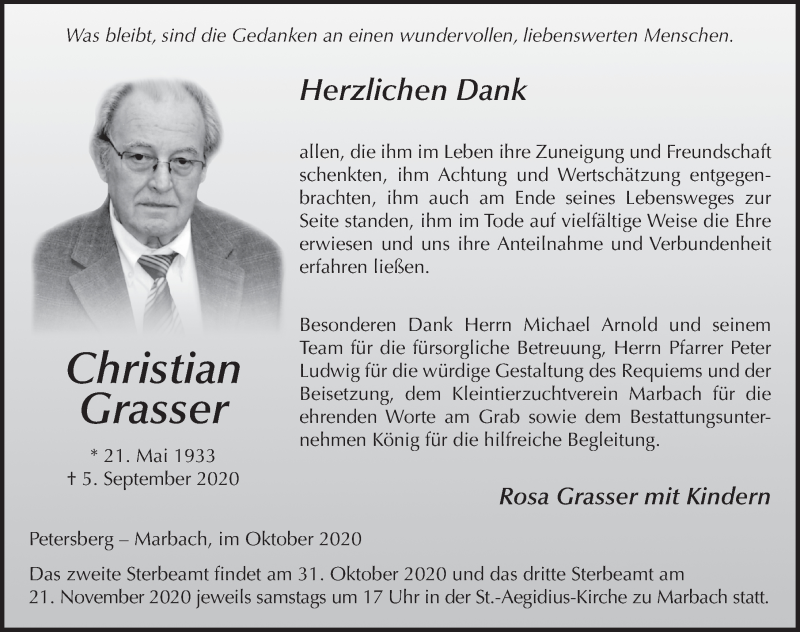  Traueranzeige für Christian Grasser vom 30.10.2020 aus FZ