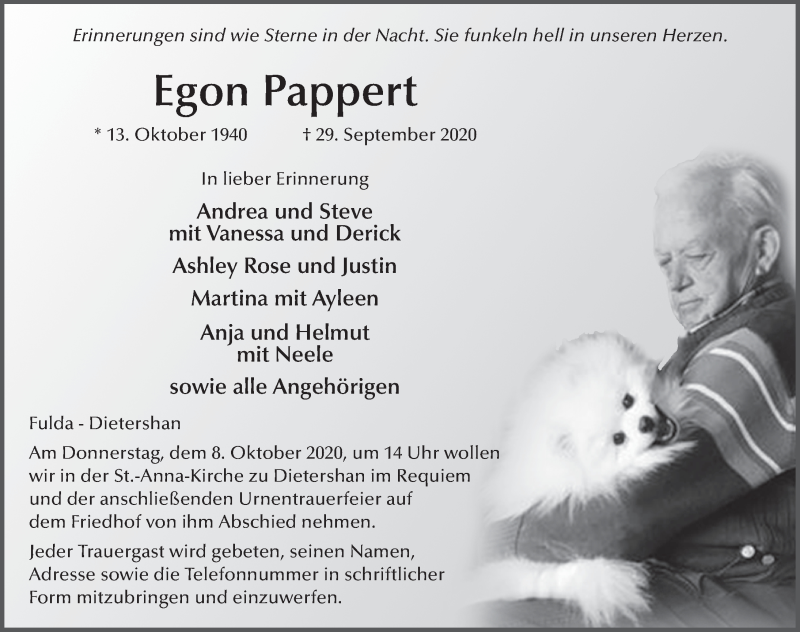  Traueranzeige für Egon Pappert vom 06.10.2020 aus FZ