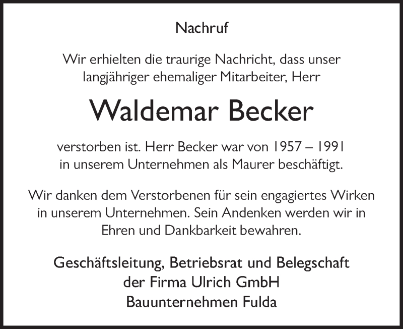  Traueranzeige für Waldemar Becker vom 03.12.2020 aus FZ