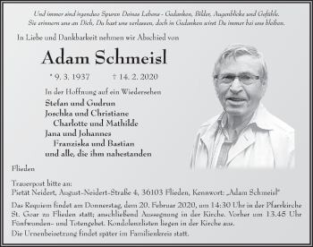 Traueranzeige von Adam Schmeisl von FZ