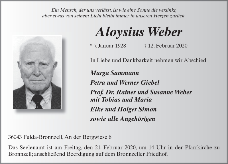 Traueranzeige für Aloysius Weber vom 17.02.2020 aus FZ